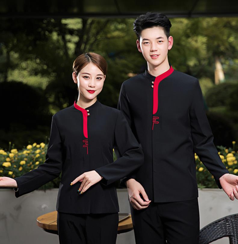 饭店服务员工作服套装黑色拼红色